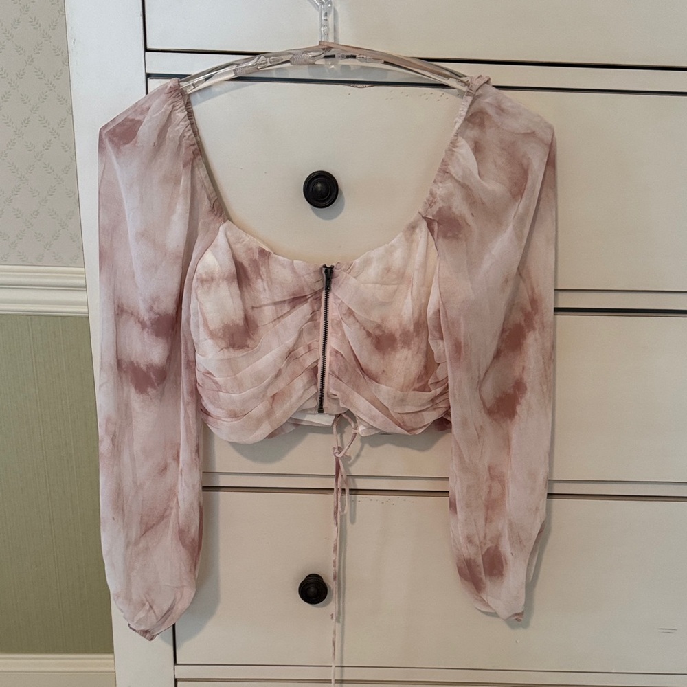 Elegant Pink Tie-Dye Blouse Sheer Oversized Sleeves Zipper front CC tie back